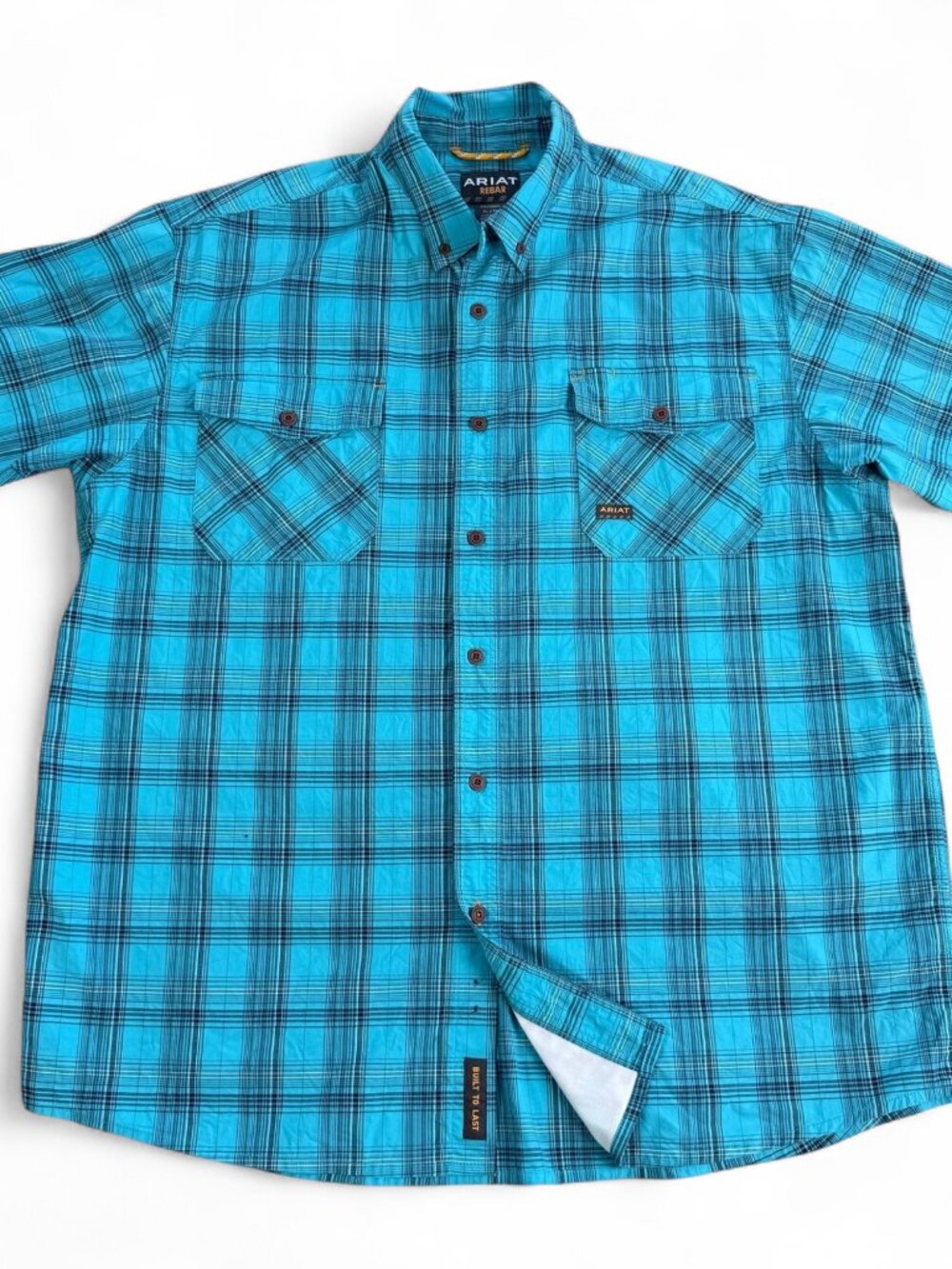 Ariat Rebar Durastretch SS Shirt Men's XL Teal Blue Plaid Snap Front